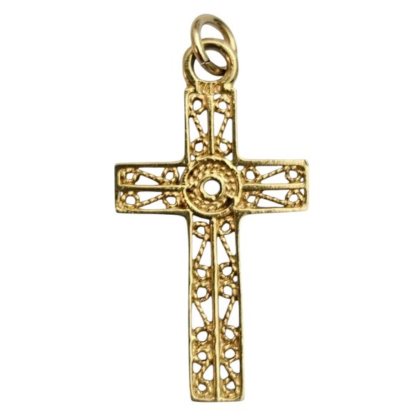 14K Yellow Gold Diamond Chip Filigree Cross Pendant - Picture 5 of 11